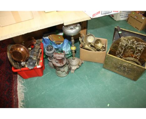 A box containing a quantity of copper and brass inc. ewers, horse brasses, models etc; tog. with a bag containing copper kett