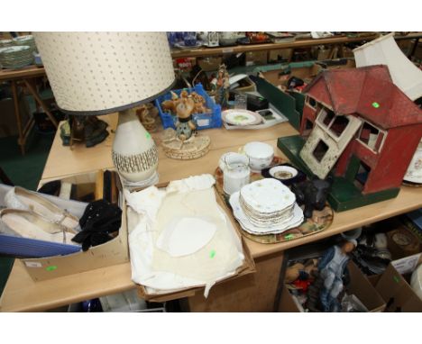 Two trays inc. vintage christening gown, a Grafton tea service, lamp etc; tog. with a dolls house (a/f), vintage lady's eveni