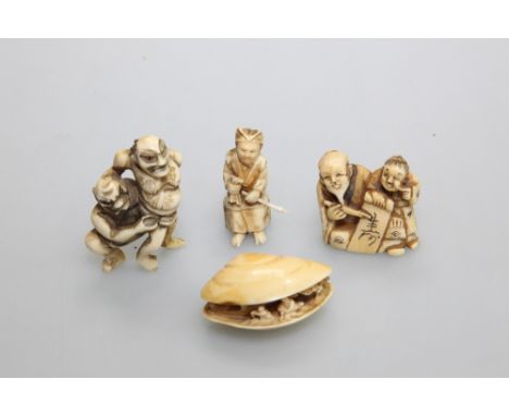 A carved ivory open clam shell, bears signature, together with three carved ivory netsuke figures (4)