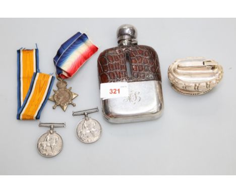 A group of WWI service medals awarded to W.B. & J.H. Ponsonby R.N, a Victorian silver plated and leather hip flask and a Rons