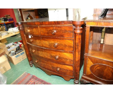 A Victorian mahogany bow fronted chest of drawers, the shaped rectangular top over two short and three long graduated cock be