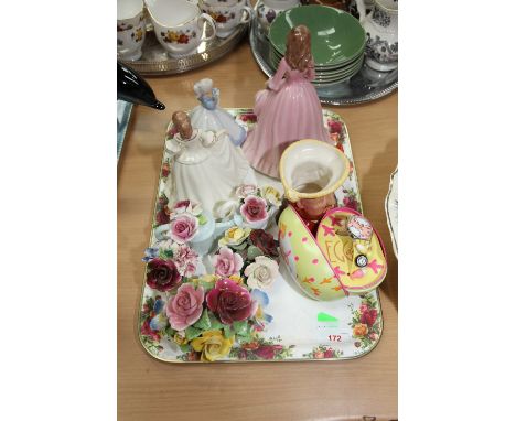 A tray inc. floral encrusted wares, porcelain figures, character jug, Swatch watch