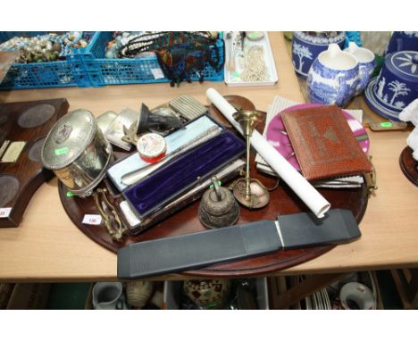 A 19th century inlaid mahogany twin handled tray inc. stamps, cabinet plates, surveyors tape, slide rule, faux pearls, cased 