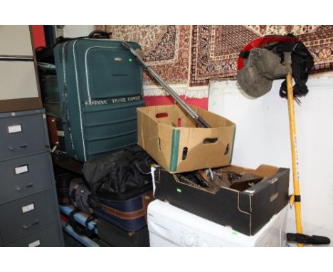 Two boxes of joiners tools inc. vintage planes; tog. with a petrol strimmer and a large quantity of suitcases
