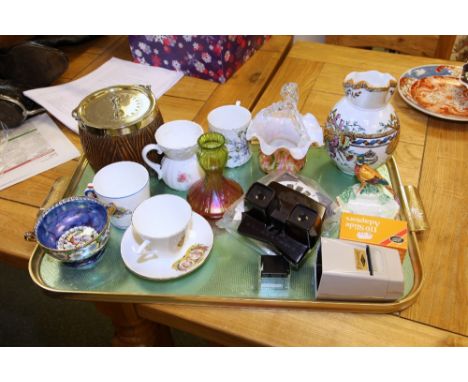 A tray inc. brass mounted oak tea caddy, Venetian glass vase, 19th Century jug decorated with musical trophies, Beswick potte