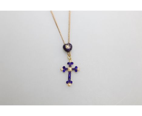 A 19th century seed pearl mounted blue enamel cross pendant, the cross set to the points with half pearls, mounted in yellow 