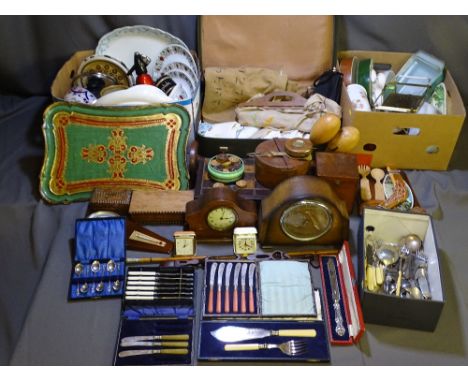VINTAGE SODA SYPHON, a Smith's wooden mantel clock, a leather collar box, a vintage surveyor's tape measure, suitcase full of