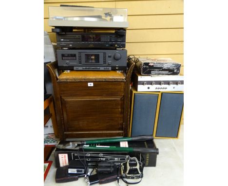 A PHILLIPS SEPARATES SOUND SYSTEM WITH SPEAKERS, a vintage box seat piano stool, camera equipment, binoculars, Leak separate,