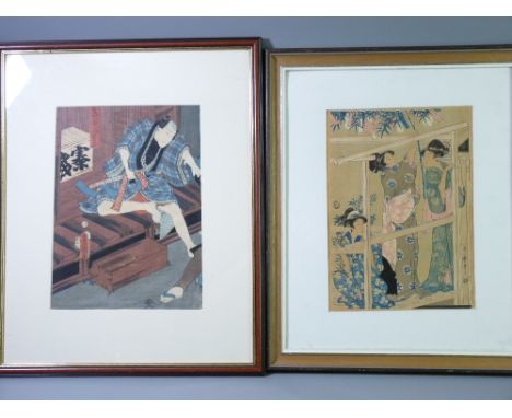 UTAMARO OBAN two woodblock prints - three Japanese women constructing frame work,  32 x 23cms and Japanese gentlemen seated h