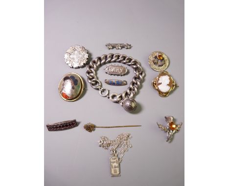 NINE BROOCHES, ingot necklace, chunky bracelet and a monogram 'A' stick pin, mainly Victorian including two baby brooches, va