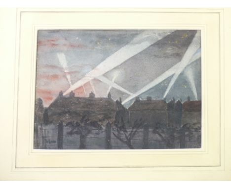 C V R NEVISON? watercolour - night scene, searchlights above houses, indistinctly signed, 17 x 24cms
