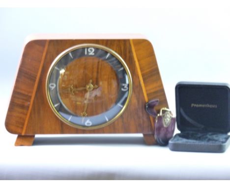 A VINTAGE WALNUT MANTEL CLOCK and a modern Prometheus agate effect lady's lighter, boxed