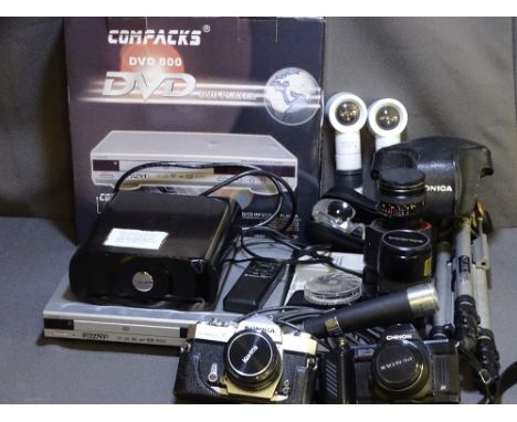 A KONICA AUTO REFLEX CAMERA, A Chinon camera with Pentax lens, a vintage Eagle microphone, a boxed DVD player and various oth