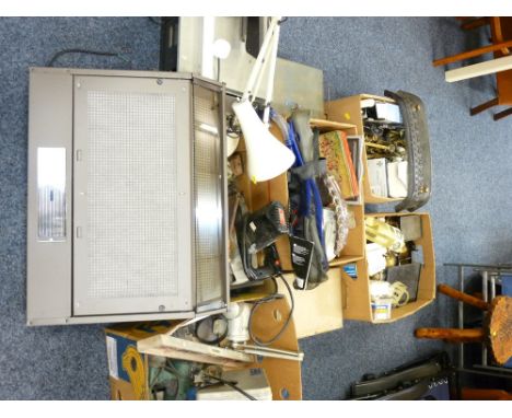 A MIXED QUANTITY OF ARCHITECTURAL METALWARE, steel storage boxes and electric bench tools with a vintage anglepoise lamp 