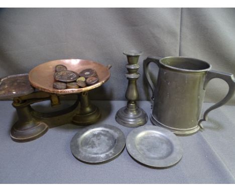 PEWTER including a good size two-handled tank and vintage scales ETC