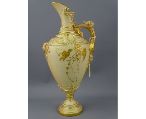 ROYAL WORCESTER EWER with mask handle and fine floral gilt relief decoration, reg no 233064, model 1742, date 1896, 23cms hig