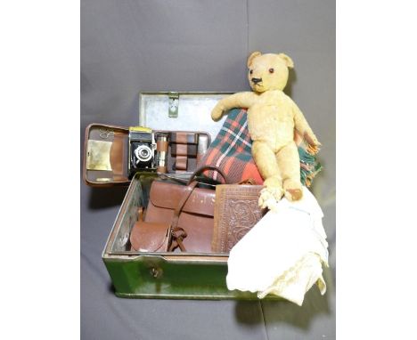 A VINTAGE METAL TRAVEL CASE along with a gent's vanity case, vintage Kodak camera, two leather satchels, tartan rug and well 