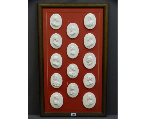 A FRAME OF FOURTEEN PORTRAIT ROUNDELS OF MAINLY MALE &amp; FEMALE FIGURES, each roundel approximately 8cms diameter