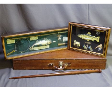 A VINTAGE WOODEN GUN CASE, mahogany walking stick, two boxed framed fishing pictures