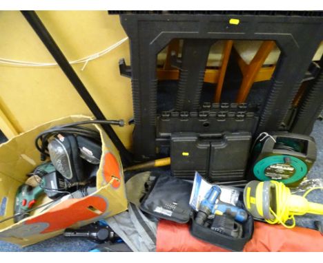 A GOOD SELECTION OF CAMPING GEAR, power, garage and garden tools and equipment including a pair of Stanley folding trestles