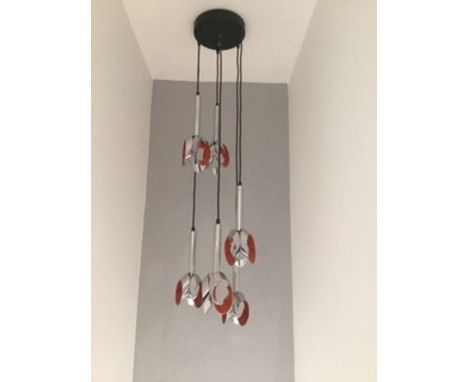 VINTAGE 1960'S ORANGE CERAMIC &amp; CHROME CEILING LIGHT, 5 hangers
