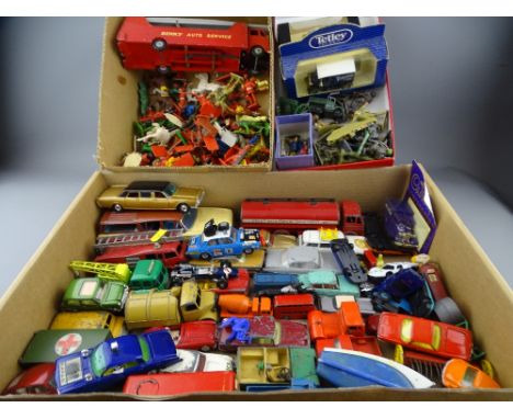 A COLLECTION OF PLAY WORN DIECAST TOYS including Dinky, Corgi along with some lead and plastic toy soldiers