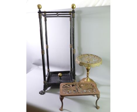 A VICTORIAN &amp; CAST IRON BRASS MOUNTED FOUR SECTION STICK STAND, 65.5cms height, a rectangular cast iron trivet and a Vict