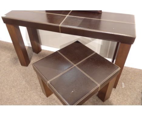 Leather top console table on square walnut supports, (141cm x 46cm, H79cm) matching lamp table (61cm x 61cm, H51cm) and mirro