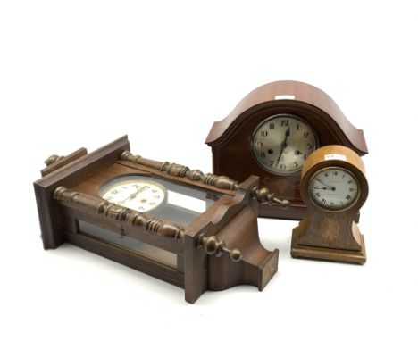 Early 20th Century mahogany cased mantel clock with chequered inlay, eight day twin fusee movement, striking hammer on coil W