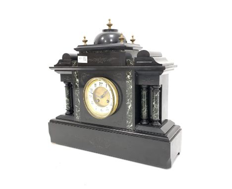 Victorian slate architectural mantle clock, with brass finials and applied marble decoration, the white painted ivorine dial 