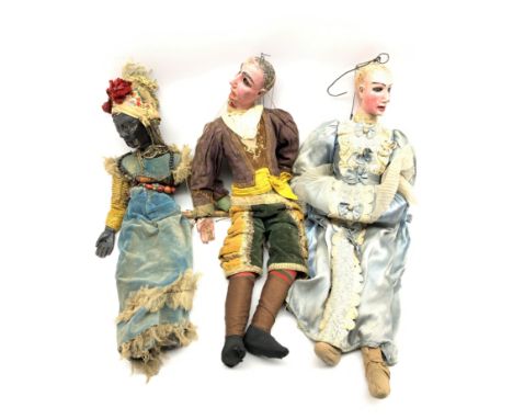 Continental carved and painted wood male puppet H73cm, similar female puppet and one other Condition Report & Further Details