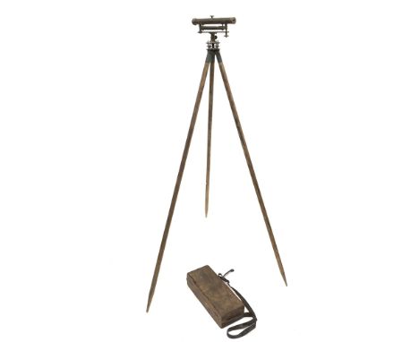 19th Century brass surveyors level by Cary, London with spirit level in mahogany box and with folding tripod stand  Condition