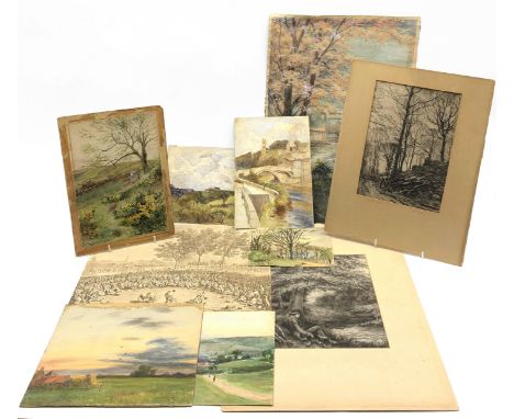 H Yoshida: Early 20th Century watercolour of a Terrace 50cm x 34cm, etching by Fred Slocombe 'Winter Fuel' and other drawings