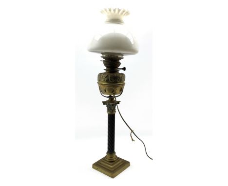 Brass Corinthian column table lamp with stepped square base and glass shade H79cm (converted) Condition Report & Further Deta