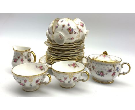 Royal Crown Derby 'Royal Antoinette' pattern tea service comprising 6 cups and saucers, 6 plates, 2 bread and butter plates, 