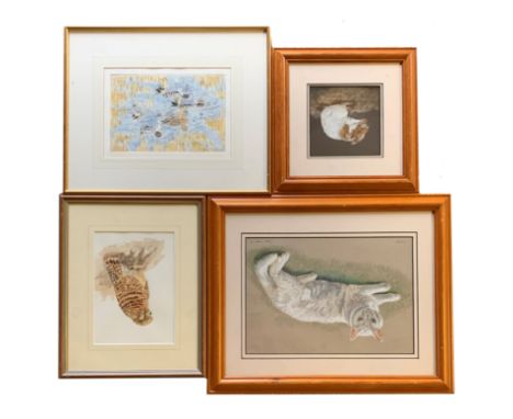 Janice Gordon study of an owl, watercolour, signed 27cm x 18cm, two other animal studies by the same artist and an artist sig