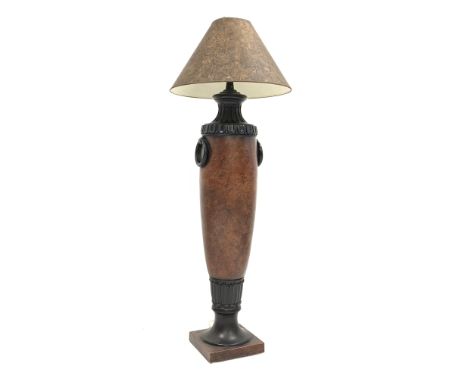 Large ceramic classical style standard lamp in the form of vase, with reeded neck, square base and decorative shade, H154cm C