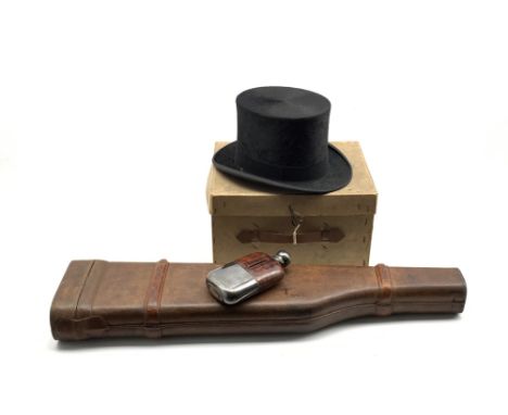 Leather 'mutton leg' gun case, hip flask and a boxed gentleman's tophat