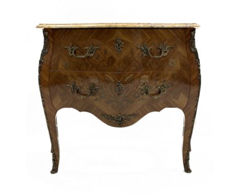 20th century Kingwood serpentine commode chest, shaped moulded breche violette marble top, gilt metal handles and mounts, flo