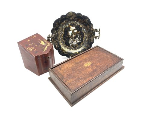George III oak candle box with shell inlaid sliding front H41cm, Victorian two handled papier mache dish D25cm and a crimson 