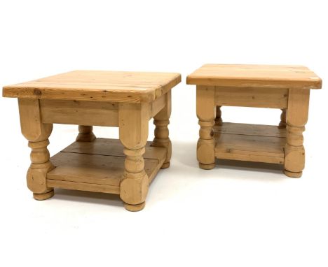 Pair 20th century solid pine lamp tables, square tops raised on turned supports, united by under tier, 61cm x 61cm, H50cm Con
