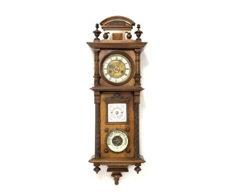 Late Victorian walnut cased wall clock barometer, arched pediment, turned finials and split pilasters, the brass and painted 