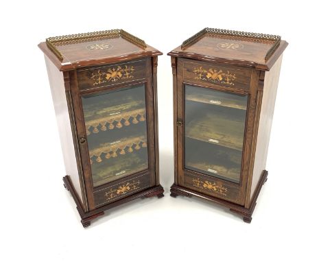 Pair 20th century rosewood and mahogany music side cabinets, galleried serpentine moulded top with inlaid decoration, fielded