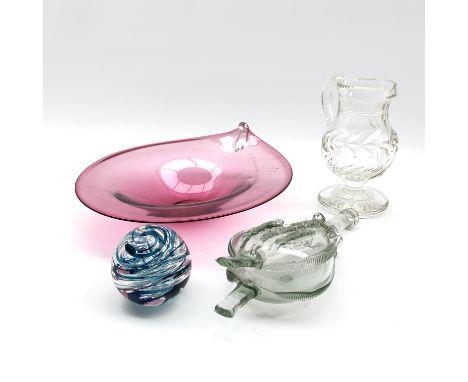 Pink studio glass bowl by Graeme Hawes D25cm, Langham glass paperweight, Dutch design glass flask and a cut glass baluster ju