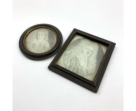 18th Century miniature oval head and shoulders pencil portrait of a gentleman in full bottomed wig 10cm x 8.5cm, and a circul