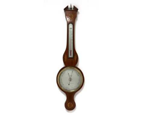 George III mahogany cased wheel barometer with Sheraton style inlays, circle silvered dial with engraved detail signed 'I. Ve