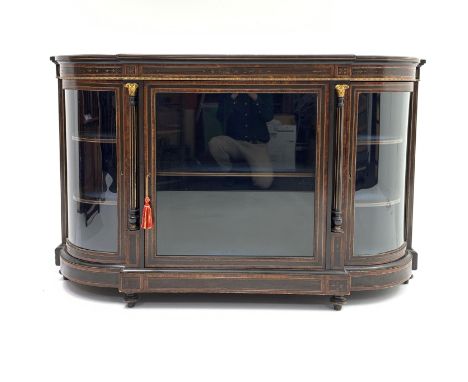 Victorian ebonised credenza, the top having satinwood strung inlay and amboyna crossbanding, break bow front, incised and gil