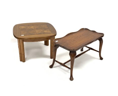 Quality elm coffee table, with serpentine tray top, raised on cabriole legs united by turned stretcher, (75cm x 40cm, D45cm) 