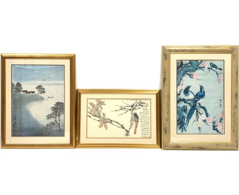 Oriental coloured print of a Woodpecker on a branch 32cm x 53cm and two others Condition Report & Further Details Click here 