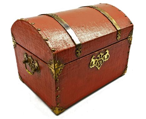 Sewing box in the form of a small dome top trunk, the interior with small drawers and with brass handles 33cm x 24cm x 24cm C